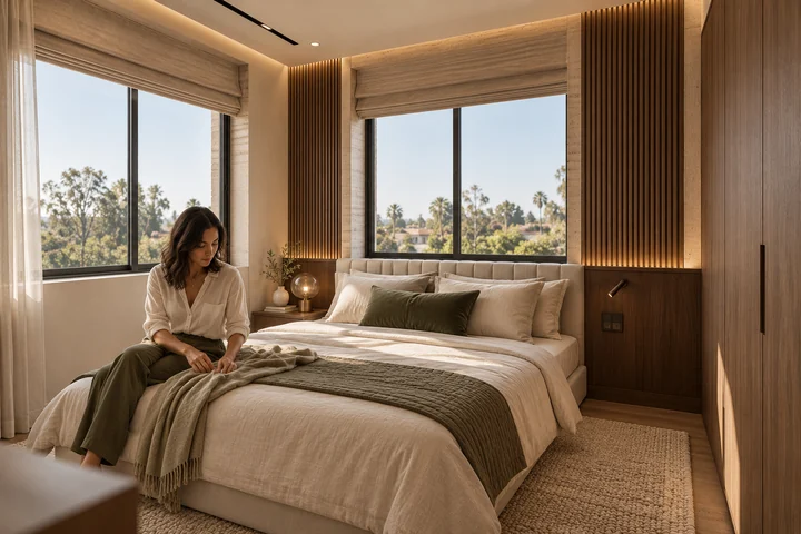 Oliver Court — Street home · upper bedroom with timber headboard and soft perimeter lighting
