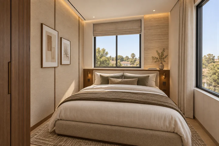 Oliver Court — Garden home · bedroom with fitted wardrobe and warm natural finishes