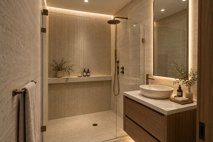 Oliver Court — Compact home · ensuite with textured tile, floating vanity and bronze fittings