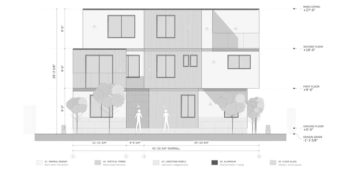 Oliver Court — Street elevation · materials, openings and level markers