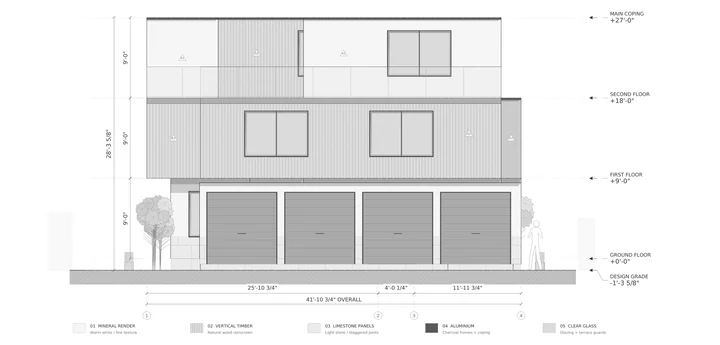 Oliver Court — Rear alley elevation · materials, openings and level markers
