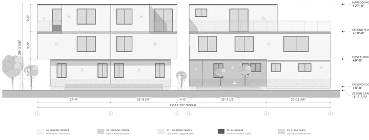 Oliver Court — West side elevation · materials, openings and level markers