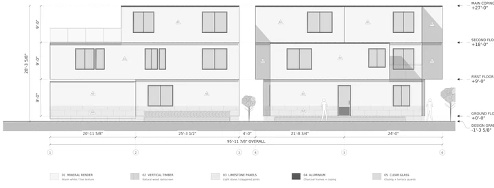 Oliver Court — East side elevation · materials, openings and level markers