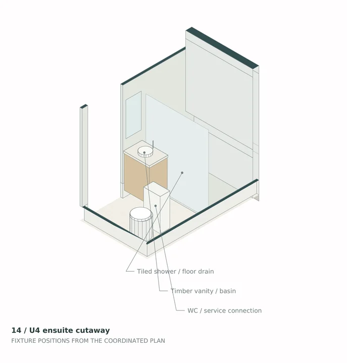 Oliver Court — Ensuite cutaway · shower enclosure, vanity and material interfaces