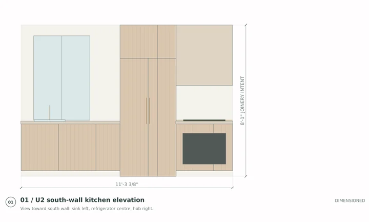 Oliver Court — Kitchen joinery elevation · fitted cabinetry, appliances and dimensions