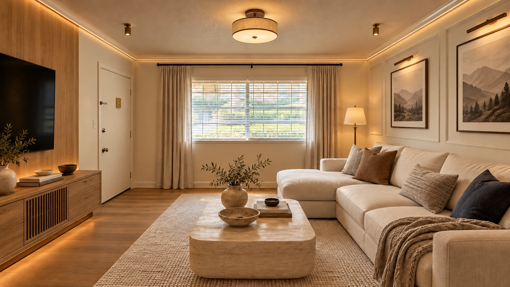 Quiet Atlas — Living room · tailored seating, pale stone and warm oak