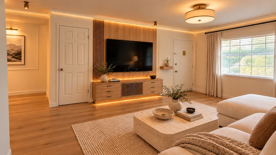 Quiet Atlas — Living room · the oak media wall and fitted credenza