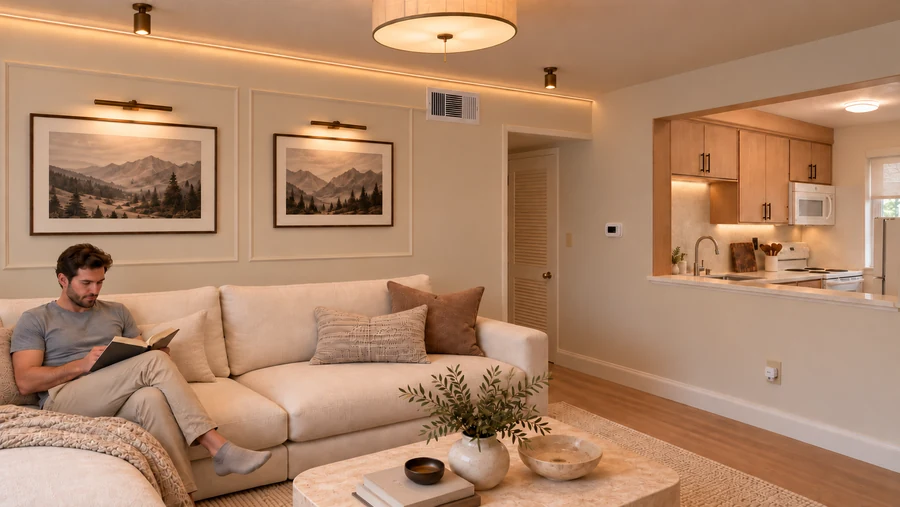 Quiet Atlas — Living room · layered light, framed artwork and the dining connection