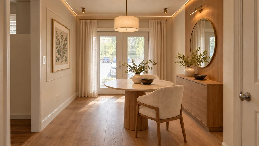 Quiet Atlas — Dining room · a compact round table, linen and soft evening light