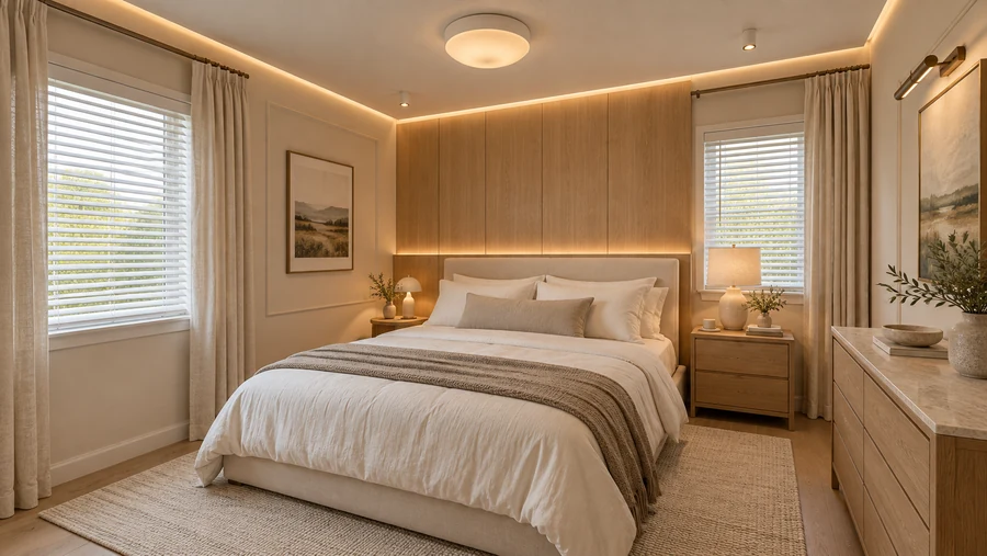 Quiet Atlas — Primary bedroom · an upholstered retreat framed by oak