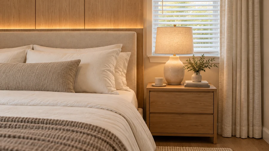 Quiet Atlas — Bedside detail · linen, oak and concealed light