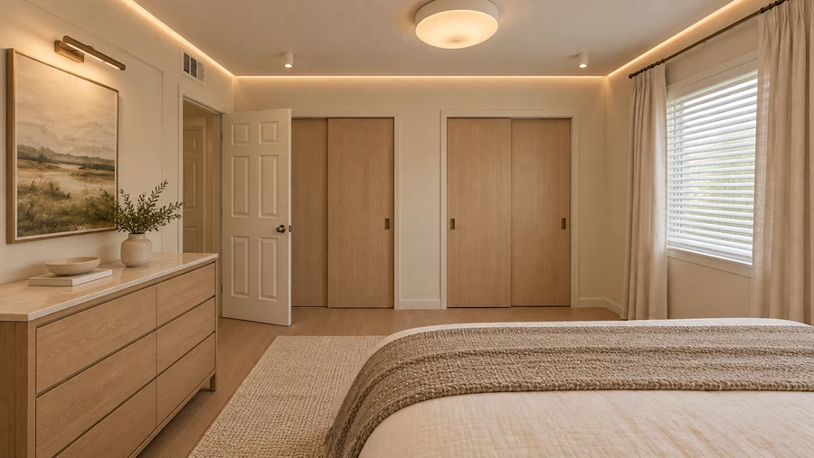 Quiet Atlas — Primary bedroom · two coordinated closet fronts and fitted storage