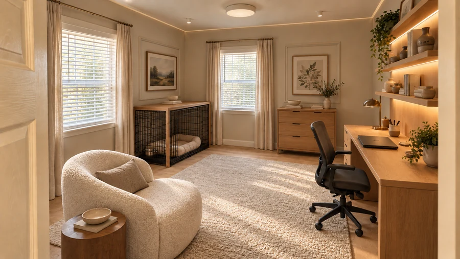 Quiet Atlas — Home office · an illuminated library desk and a quiet reading corner