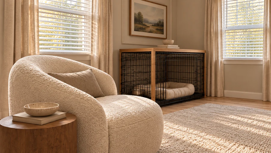 Quiet Atlas — Reading corner · soft upholstery and a dedicated place for a dog