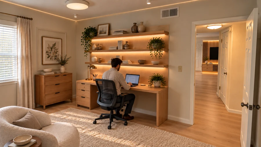 Quiet Atlas — Home office · everyday work within the fitted oak library
