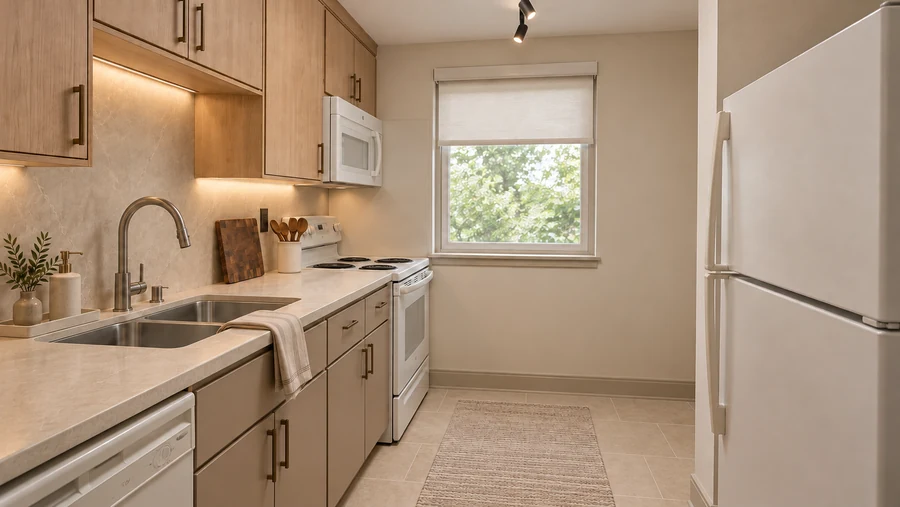 Quiet Atlas — Kitchen · warm timber, pale surfaces and the existing appliance arrangement
