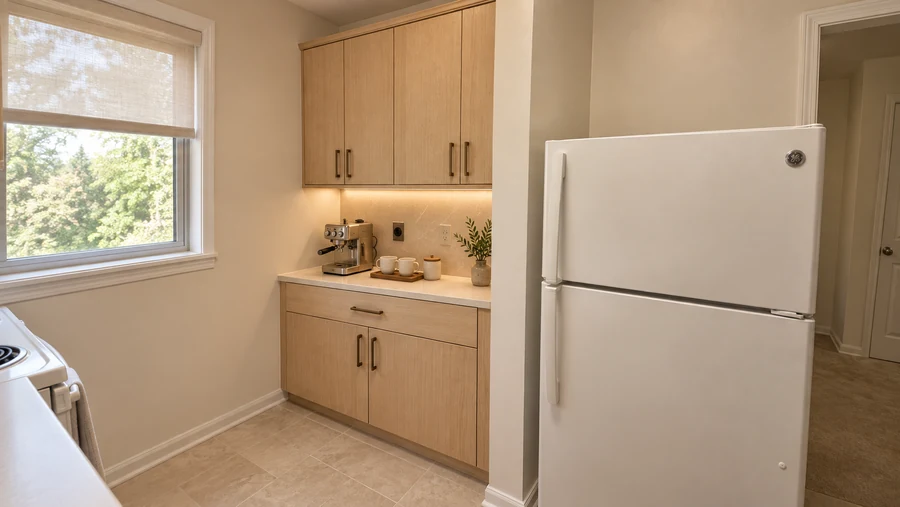 Quiet Atlas — Kitchen · a compact coffee niche and useful storage