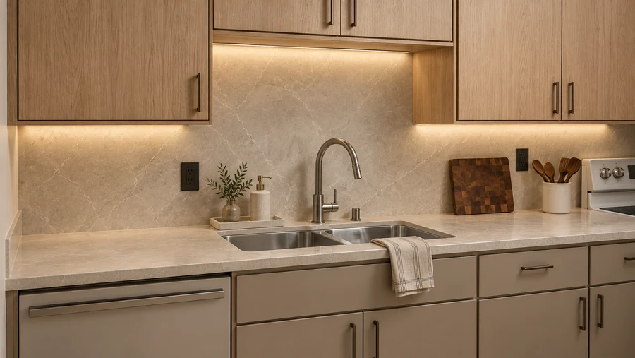 Quiet Atlas — Kitchen detail · the meeting of timber, worktop and backsplash