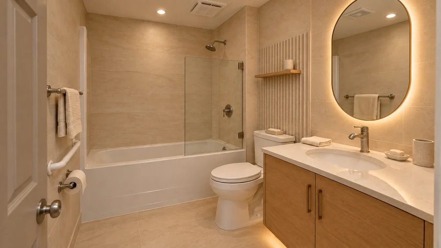 Quiet Atlas — Bathroom · a warm oak vanity, retained tub and clear glass screen