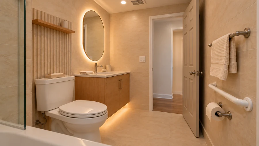 Quiet Atlas — Bathroom · the reverse view towards the entrance and fitted vanity