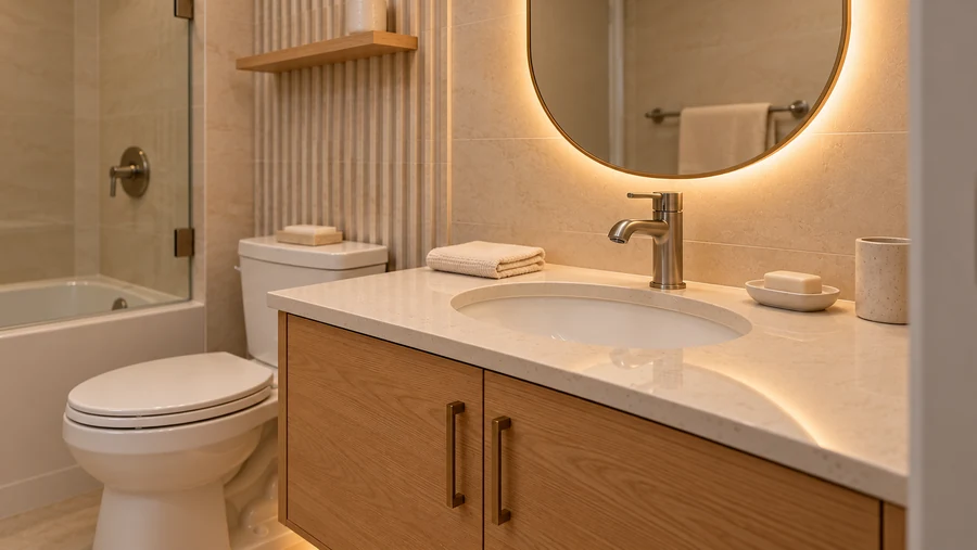 Quiet Atlas — Vanity detail · pale stone, oak and reflected light