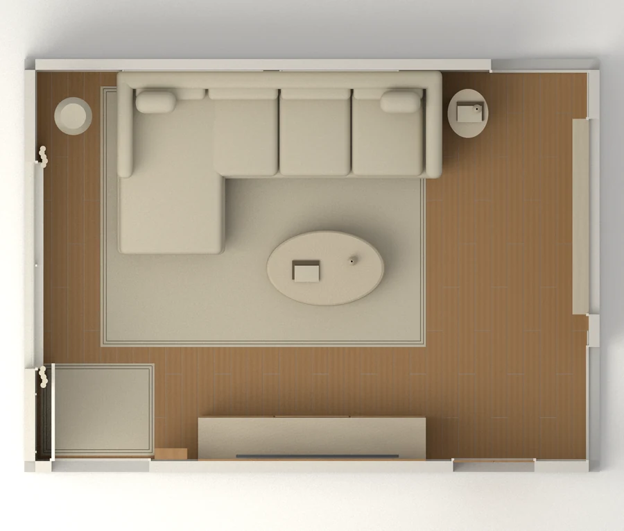 Quiet Atlas — Living and arrival · furnished 3d plan