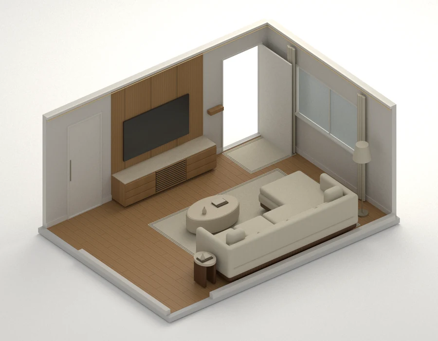 Quiet Atlas — Living and arrival · room cutaway