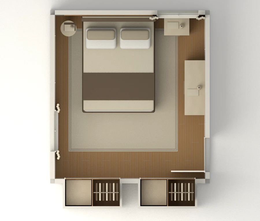 Quiet Atlas — Primary bedroom · furnished 3d plan