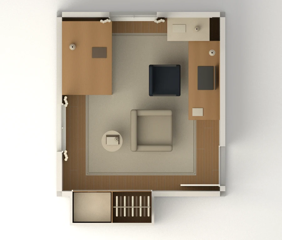 Quiet Atlas — Home office and reading room · furnished 3d plan
