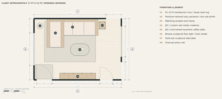 Quiet Atlas — Living and arrival · furnished plan with nominal dimensions