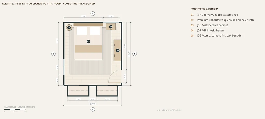Quiet Atlas — Primary bedroom · furniture and closet arrangement