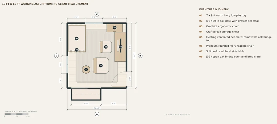 Quiet Atlas — Home office · desk, reading and pet-space layout