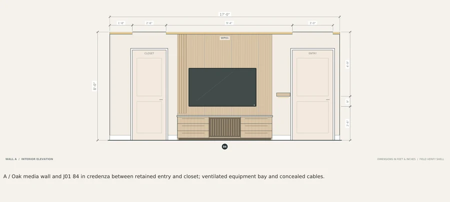 Quiet Atlas — Living room elevation · oak media wall and retained openings