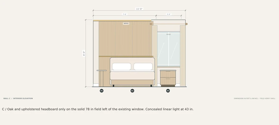 Quiet Atlas — Primary bedroom elevation · headboard, lighting and window relationship