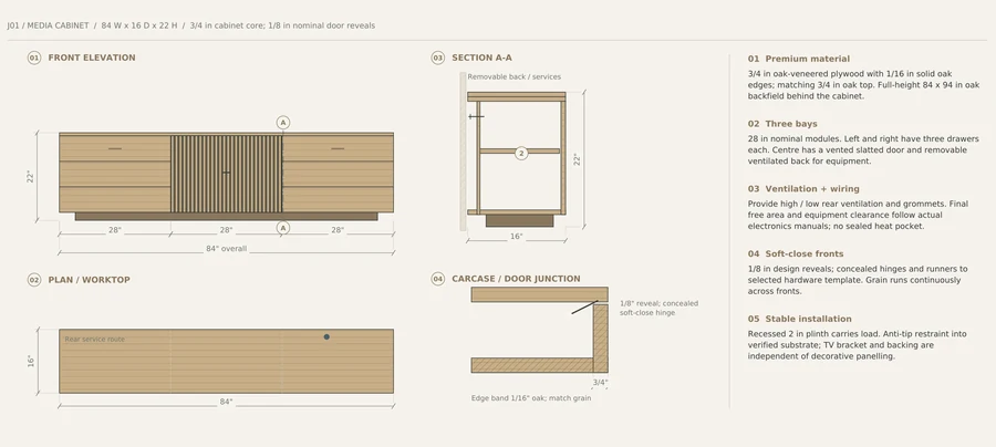 Quiet Atlas — Media cabinet · elevation, plan, section and joinery detail