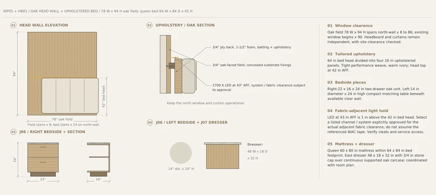 Quiet Atlas — Headboard and bedside · material layers and joinery details
