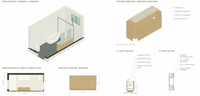 Roxbury Residence — Owner Bath / Vanity, Bath + Shower
