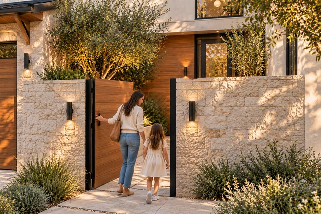 Roxbury Residence — Exterior · Family entering court