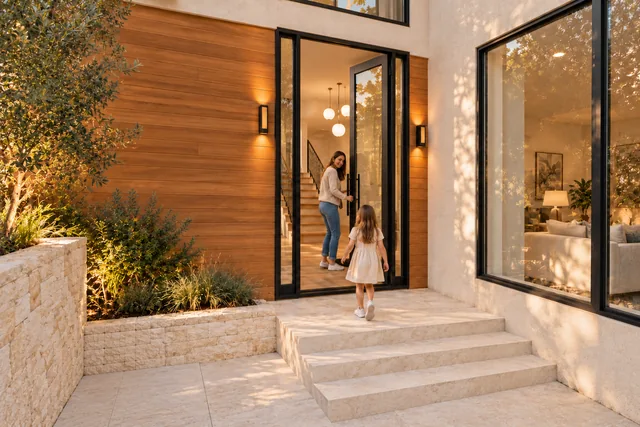 Roxbury Residence — Exterior · Court to foyer
