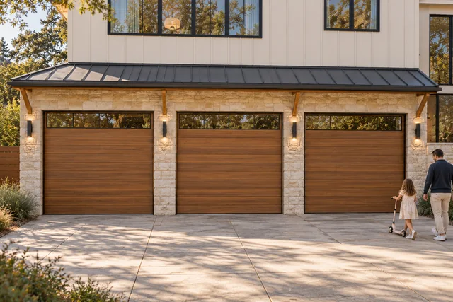 Roxbury Residence — Exterior · Three garage bays