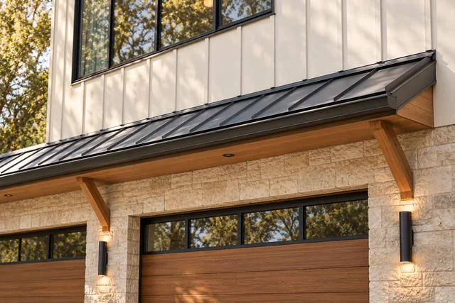 Roxbury Residence — Exterior · Garage canopy and battens