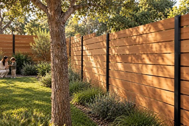 Roxbury Residence — Exterior · Timber boundary garden