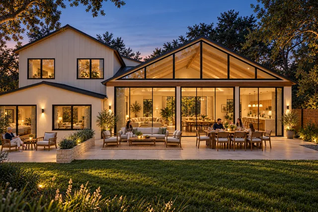 Roxbury Residence — Exterior · Rear facade blue hour