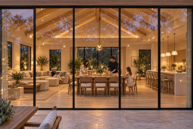 Roxbury Residence — Exterior · Main glazing and life inside
