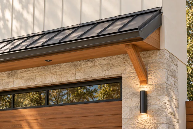 Roxbury Residence — Exterior · Stone timber white junction