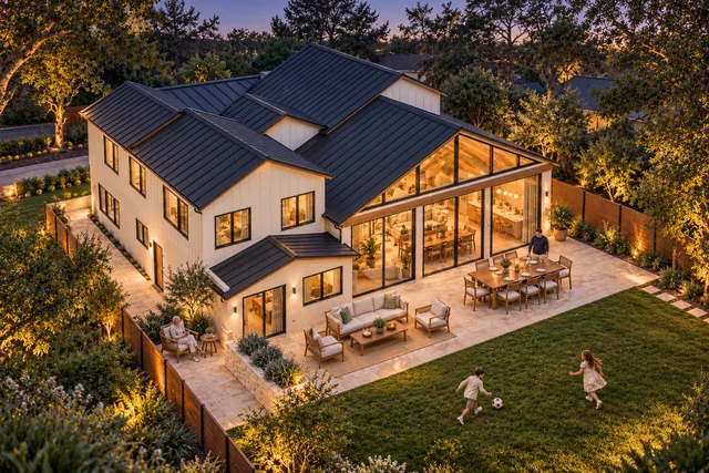 Roxbury Residence — Exterior · Aerial evening garden