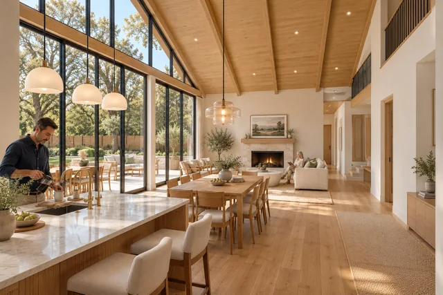 Roxbury Residence — Interior · Kitchen across dining to living