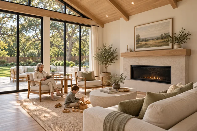 Roxbury Residence — Interior · Great room garden and fireplace