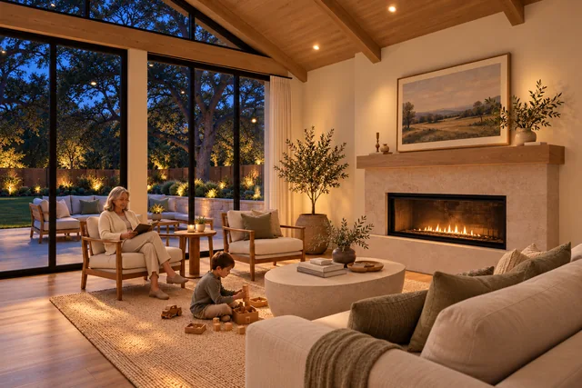 Roxbury Residence — Interior · Great room evening