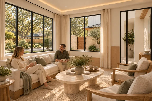 Roxbury Residence — Interior · Front living to entry court